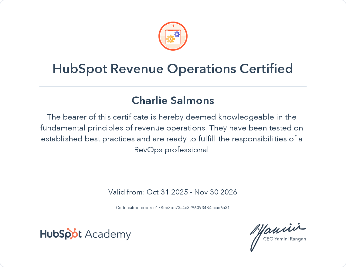 HubSpot Revenue Operations Certification
